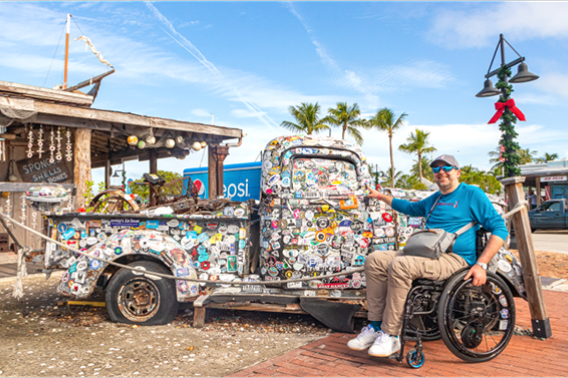 Patient in wheelchair on holiday